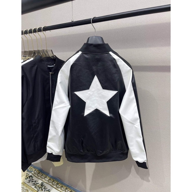 Áo khoác da bomber nam nữ Dolce Level thêu hình ngôi sao lưng phối tay sọc đen trắng lót gió 2 lớp siêu hotrend.
