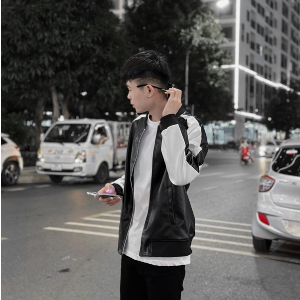 Áo khoác da bomber nam nữ Dolce Level thêu hình ngôi sao lưng phối tay sọc đen trắng lót gió 2 lớp siêu hotrend.