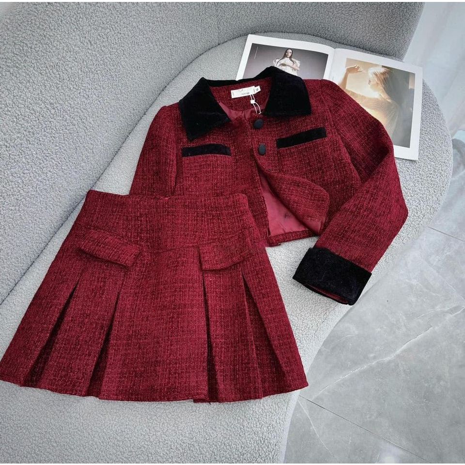 Váy Đi Chơi Set Dạ Thu Đông Sang Chảnh Thiết Kế Dáng Ngắn Chất Tweed Màu Đỏ Đô Phối Cổ Sơ Mi Đen HÀ LINH STORE