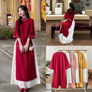 [HÀNG SẴN /TẶNG KÈM CHÂN VÁY 2 LỚP ] Áo dài TẾT_ ÁO DÀI cách tân kèm váy dáng suông chất nhung tăm thêu 2 tà
