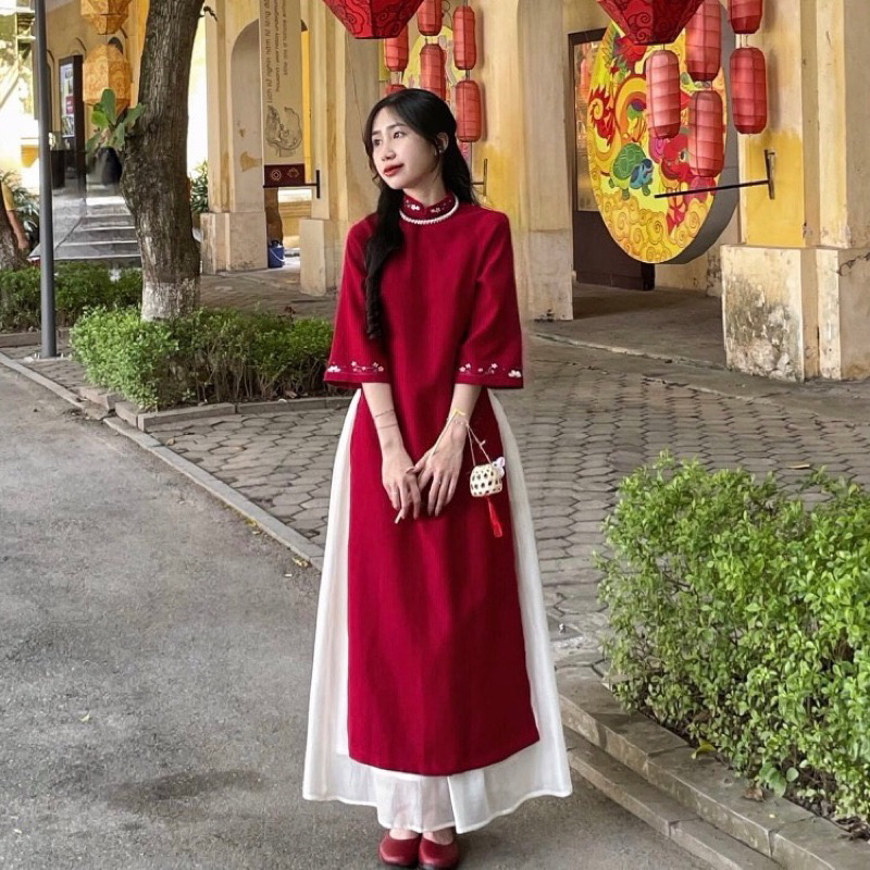 Áo dài TẾT_ ÁO DÀI cách tân kèm váy dáng suông chất nhung tăm thêu 2 tà