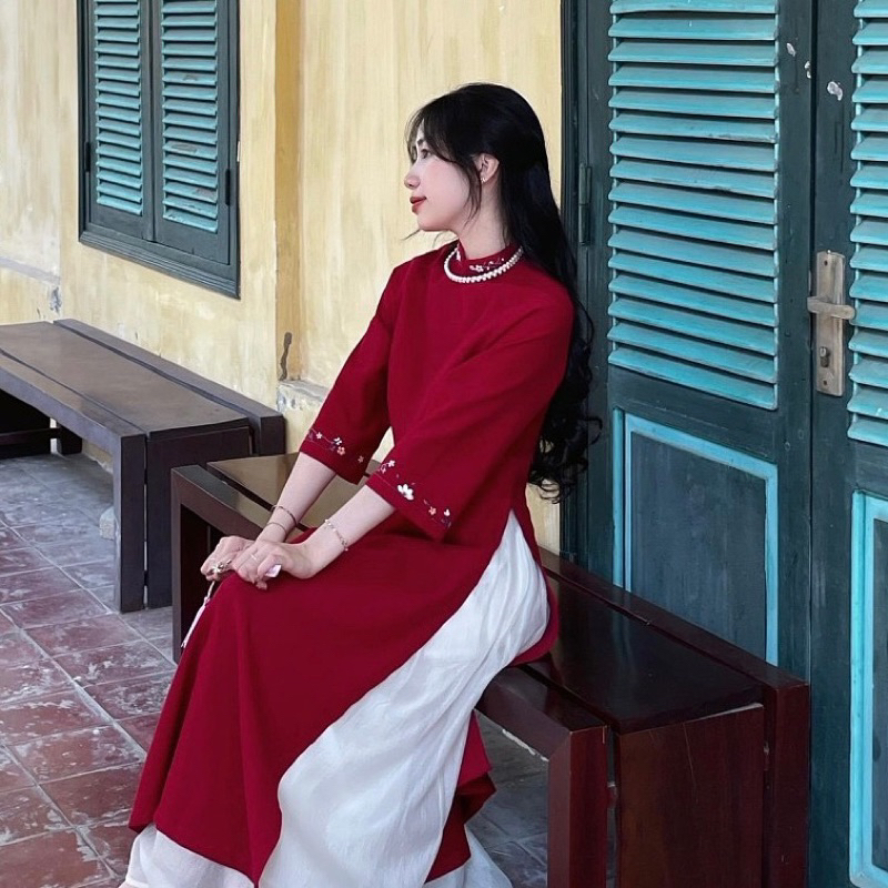 Áo dài TẾT_ ÁO DÀI cách tân kèm váy dáng suông chất nhung tăm thêu 2 tà