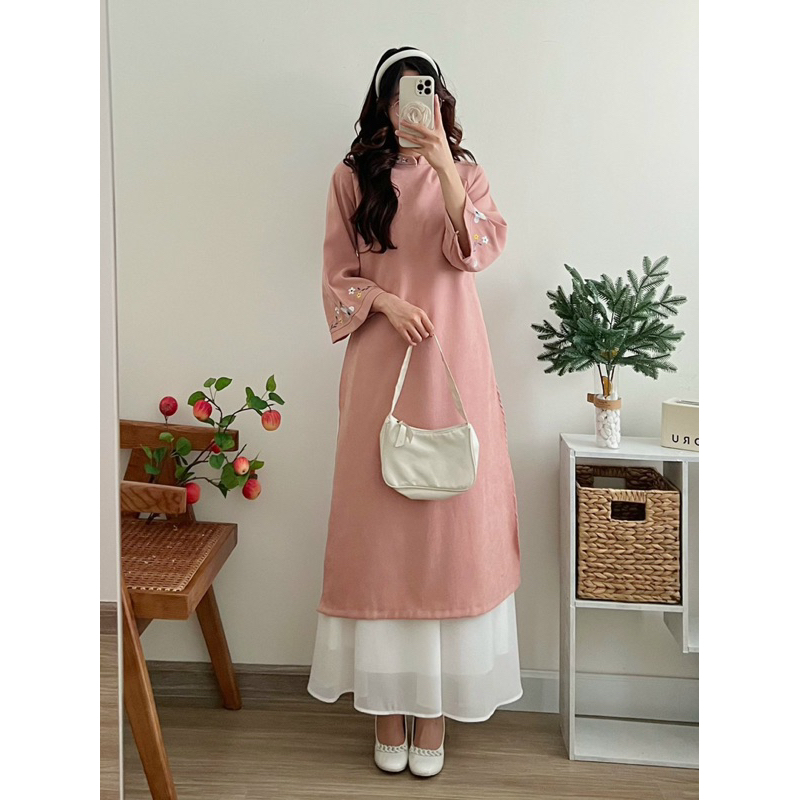 Áo dài TẾT_ ÁO DÀI cách tân kèm váy dáng suông chất nhung tăm thêu 2 tà