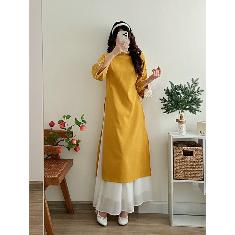 Áo dài TẾT_ ÁO DÀI cách tân kèm váy dáng suông chất nhung tăm thêu 2 tà