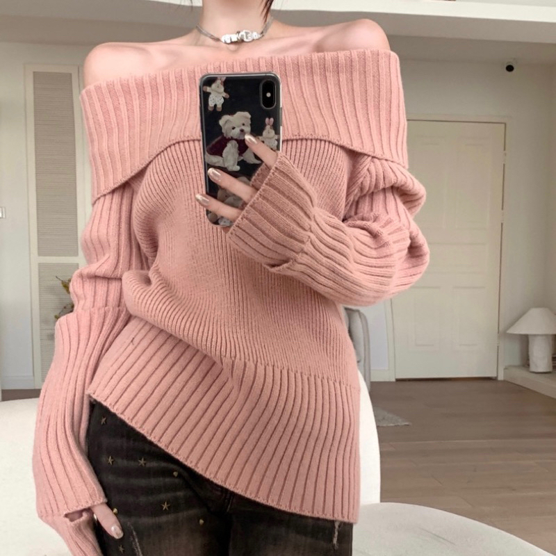 Áo Len Trễ Vai Babie Gân Dọc Dài Tay Nữ Tính Phong Cách Dịu Dàng Sexy Dáng Rộng