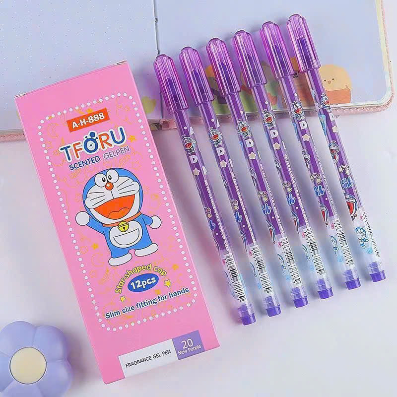 Hộp 12 cây bút viết nước gel TFORU / THORU hình DORAEMON ngòi 0.4mm thơm nho