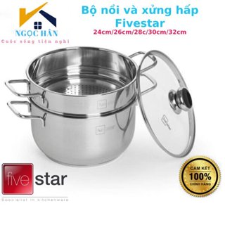Bộ nồi xửng hấp Fivestar 3 đáy inox 430 nắp kính sử dụng bếp từ, size 20cm/24cm/26cm/28cm/30cm/32cm