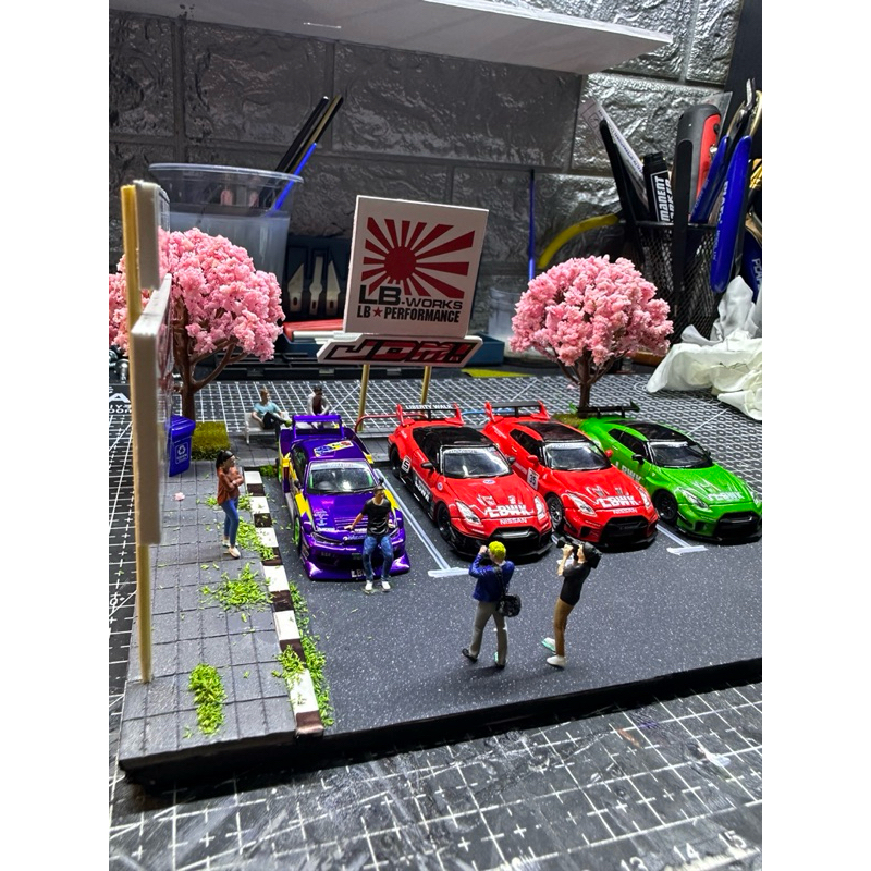 Diorama góc công viên bãi đỗ xe kiểu JDM cho xe tỉ lệ 1/64