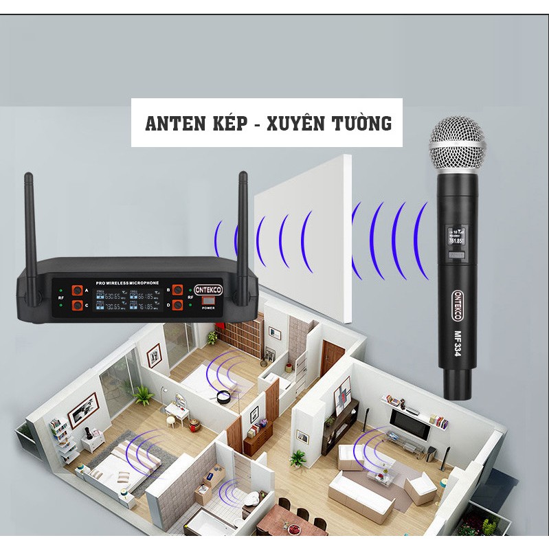 Bộ Micro Karaoke Không Dây Ontekco MF334-UHF Chính Hãng Dùng Cho Loa Kéo, Âm Ly