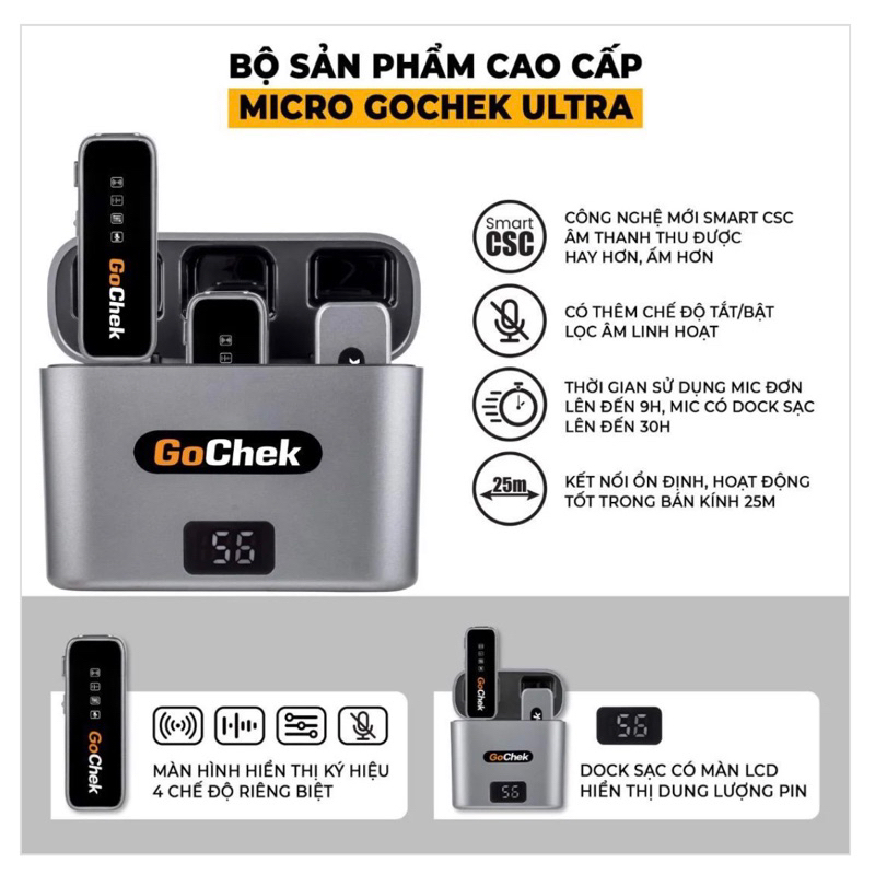 Micro thu âm không dây Gochek Ultral cao cấp kèm hộp sạc - Gắn điện thoại, Livestream, Quay Video, Ghi âm