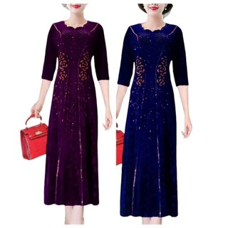 Đầm dạ hội nhung trung niên đi tiệc kết đá hoa hồng tay lỡ 50-75kg, Đầm dạ hội nhung đi tiệc sang trọng đính đá cao cấp