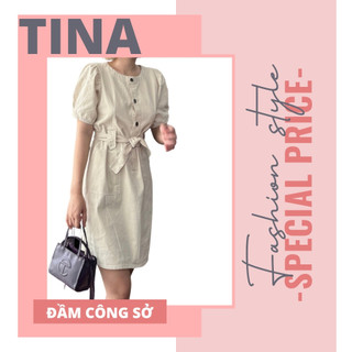 Đầm công sở PEONI cao cấp, kaki, thắt nơ eo, 2 túi sườn đai rời tiện lợi, Váy tay phồng dáng ngắn tây phom trẻ, bigsize