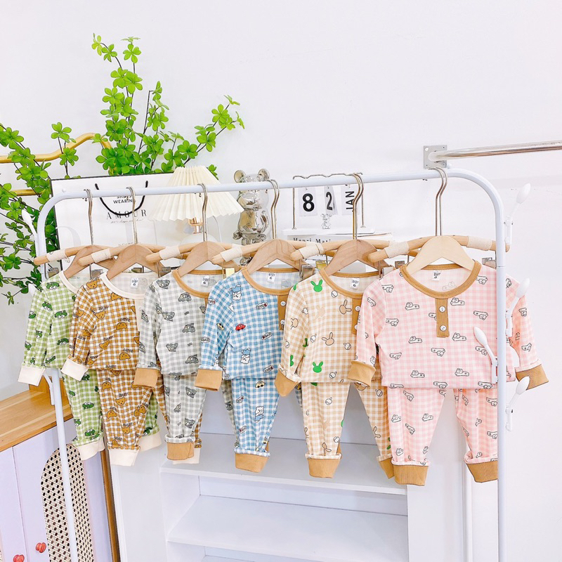 Bộ dài tay bé trai bé gái thun tăm in hoạ tiết size nhỡ 16-23kg