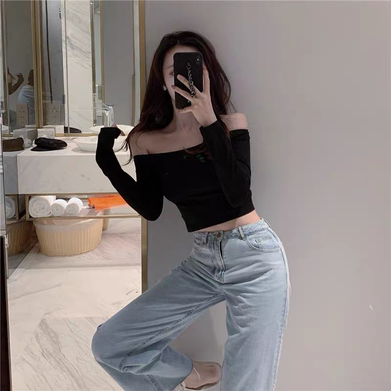 Áo croptop nữ trễ vai tay dày ôm body phong cách sexy quyến rũ