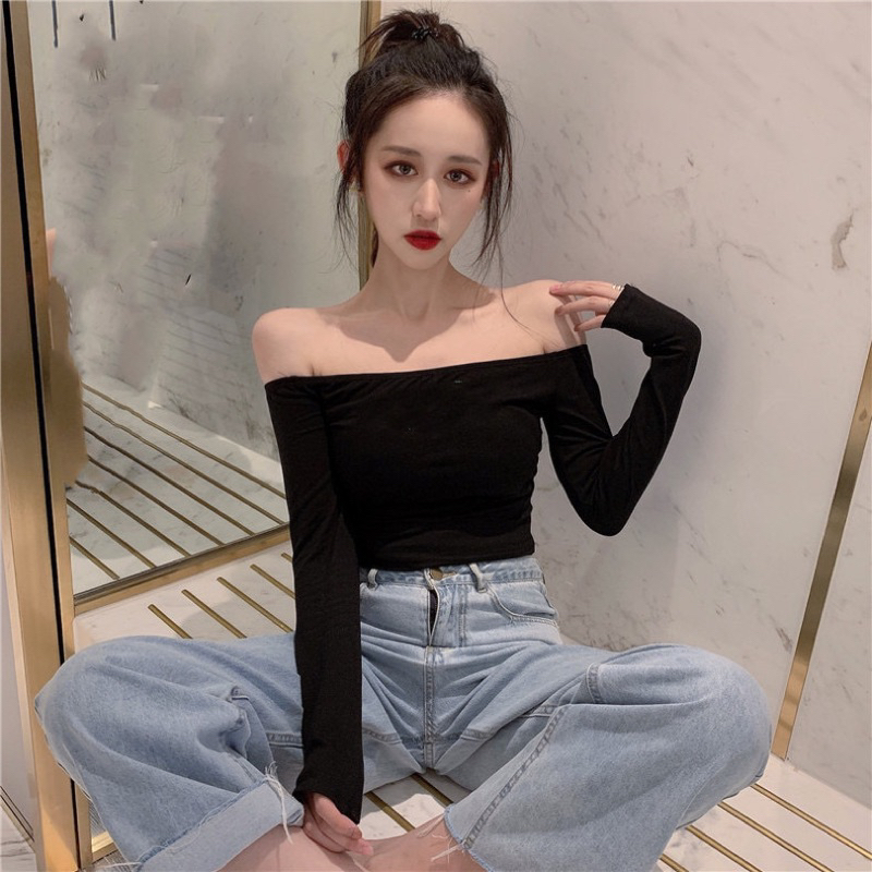 Áo croptop nữ trễ vai tay dày ôm body phong cách sexy quyến rũ