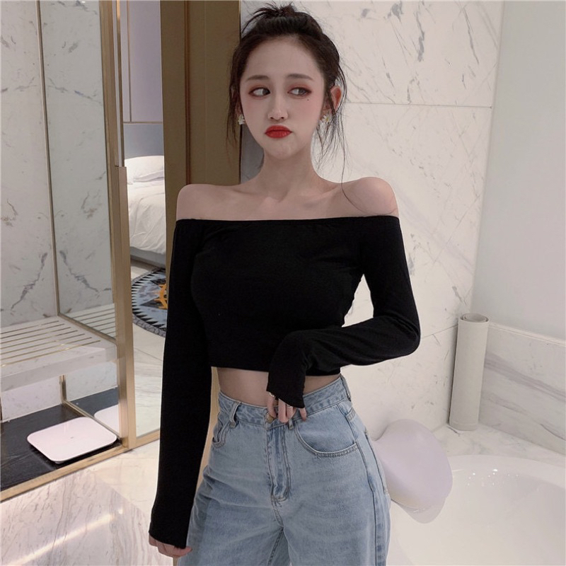 Áo croptop nữ trễ vai tay dày ôm body phong cách sexy quyến rũ