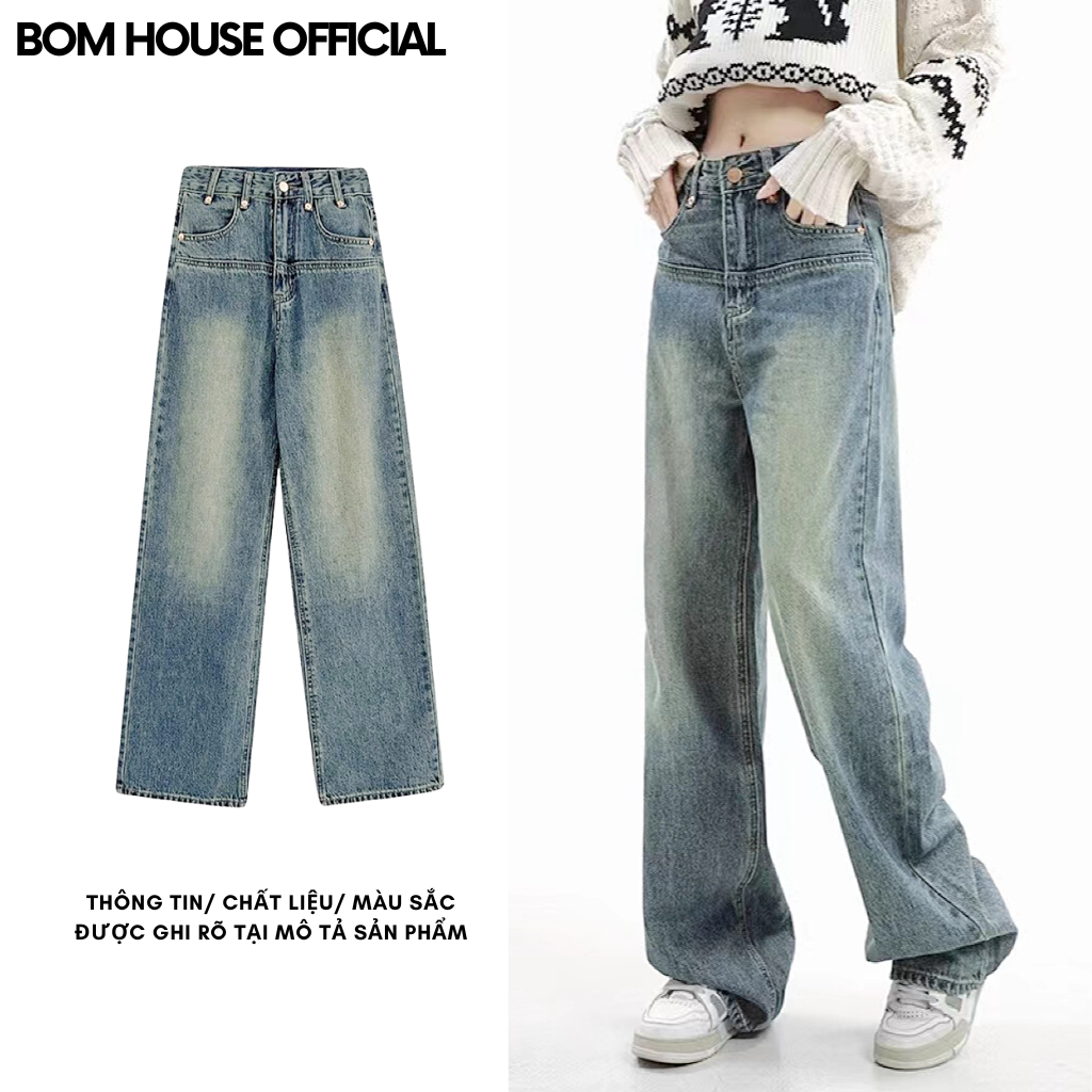 Quần Jean Nữ BOM HOUSE Cạp Cao Ống Rộng Tôn Dáng Form Unisex J08