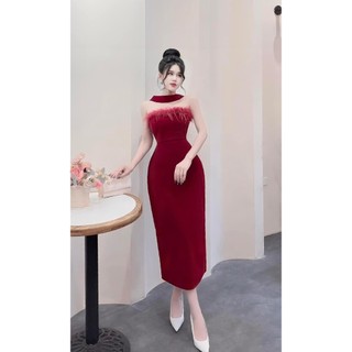 M315 - Đầm nhung body viền lông phối dây cổ dáng dài sang trọng (2 màu)