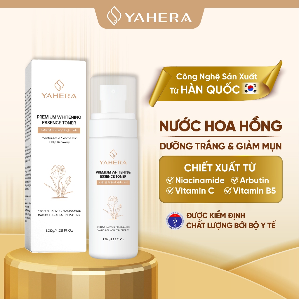 Nước hoa hồng dưỡng trắng da YAHERA Premium Whitening Essence Toner giúp sạch sâu, dưỡng ẩm, cân bằng độ pH da 120ml