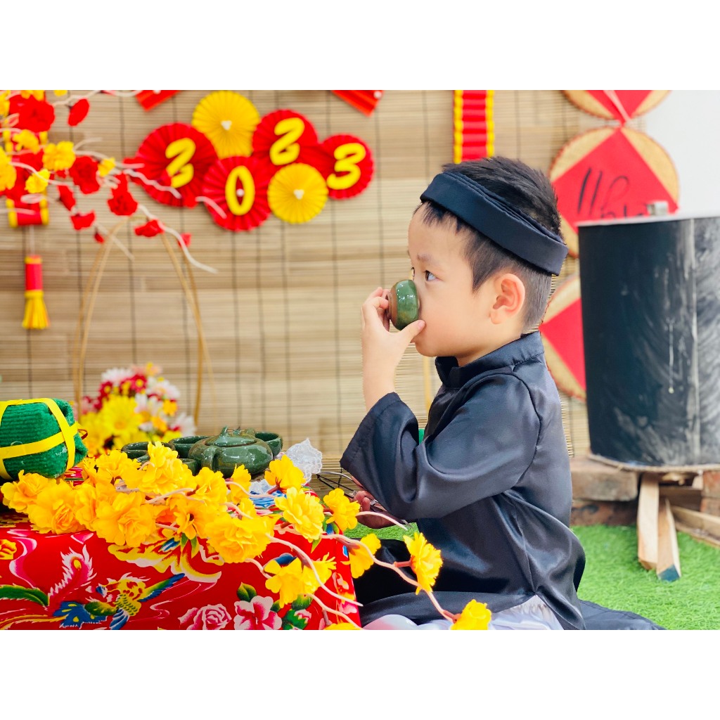 🍄  Trang Phục Áo Dài Của Thầy Đồ + Khăn Xếp Cho Bé Mầm Non Siêu Dễ Thương. Quần Áo Dài Ông Đồ, Thầy Bói Nhí