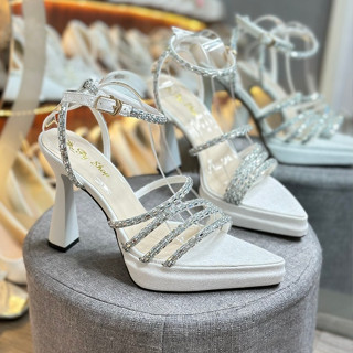 Giày cao gót_ Giày đi tiệc _ĐÚP HAI TẦNG MŨI NHỌN CAO CẤP _11 PHÂN_ Trắng kim tuyến _DÂY XOÀN ĐÁ_ PY  SHOP