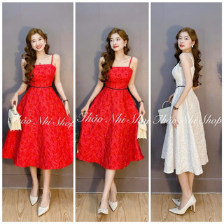 Đầm xu hướng dễ thương chất Gấm 2 dây ren đen eo váy xoè maxi qua gối , váy thiết kế sang chảnh đỏ trắng cao cấp