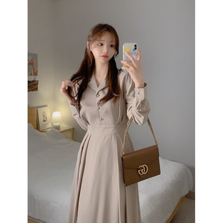 (MORAN) Đầm midi công sở cổ vest tay dài xếp ly nhẹ phong cách Hàn Quốc