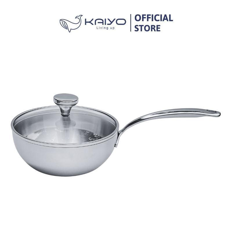 (CHÍNH HÃNG KAIYO) Chảo đúc Inox 3 lớp đáy liền sâu lòng Tri-ply có vung kính Kaiyo - Size 16cm, 20cm, 24cm