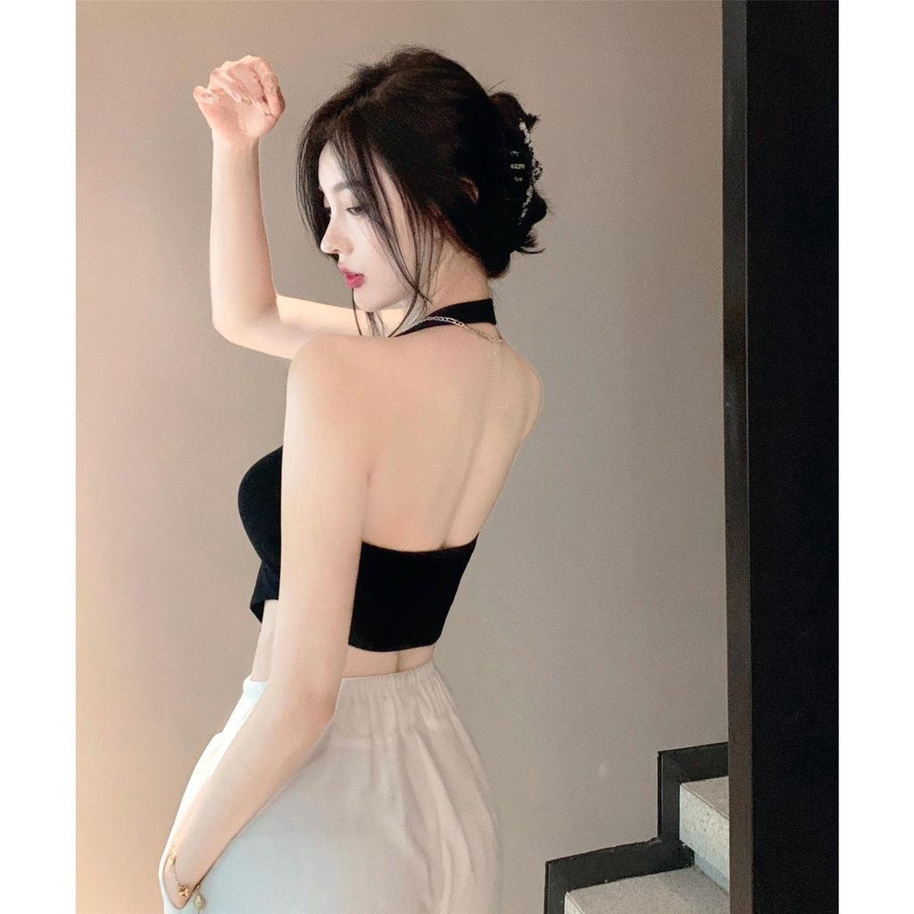 Áo Yếm Bra Croptop Nữ hai dây -  Áo Kiểu Cổ Yếm Thiết Kế Buộc Dây Hở Lưng Vạt Chéo Trước Ngực Sexy Đen Trắng GIISEL A05 | BigBuy360 - bigbuy360.vn