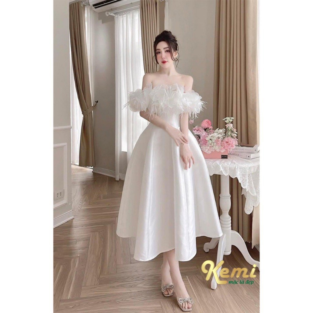 Váy trễ vai dáng xòe đính hoa lông vũ 2 lớp Kemi che bắp, đầm xinh dự tiệc cưới, cô dâu đi bàn sang chảnh