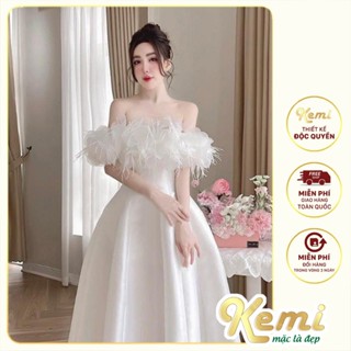 Váy trễ vai dáng xòe đính hoa lông vũ 2 lớp Kemi che bắp, đầm xinh dự tiệc cưới, cô dâu đi bàn sang chảnh