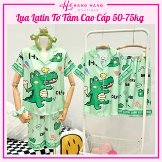 Bộ đồ ngủ bigsize 55-75kg, đồ bộ nữ pijama lửng ngố tay ngắn lụa latin mịn mát bigsize, đồ ngủ lụa mặc nhà cute crocs