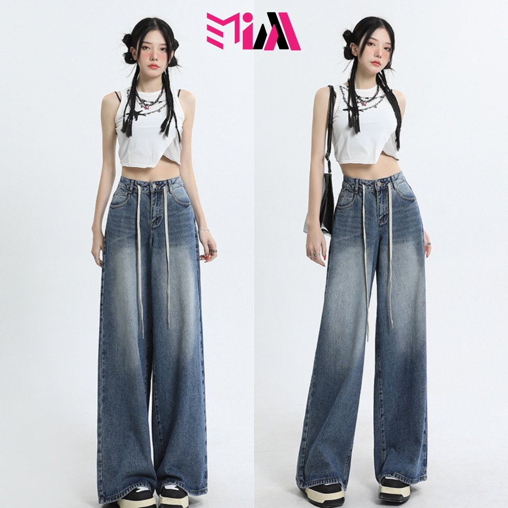 Quần Jean Nam Nữ Ống Suông Cạp Cao Chính Hãng dây rút màu RETRO , Quần Jean Ống Rộng Unisex Nam Nữ Màu Xanh Blue WaSH