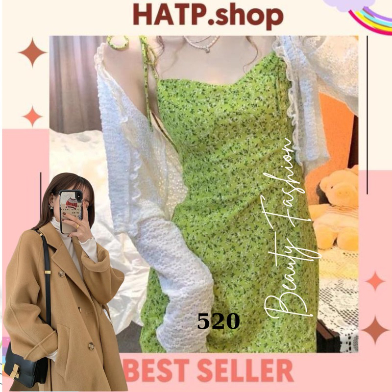 (HATP.shop) sét váy màu xanh lá hoa nhí gồm áo len khoác ngoài / váy hai dây body Xẻ tà hàng quảng châu