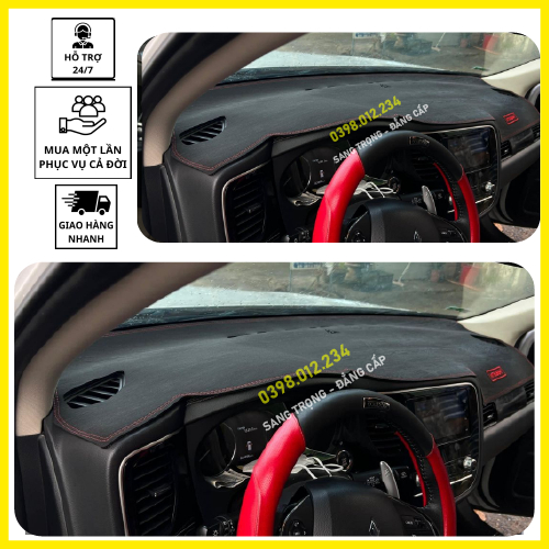 Thảm taplo xe Mitsubishi Outlander 2017 2018 2020 2021 2022 2023, thảm taplo che nắng da carbon, da vân gỗ, nhung cừu