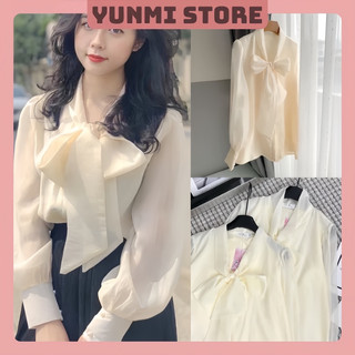 Áo sơ mi tiểu thư cổ nơ phối cúc ngọc siêu xinh_yunmistore