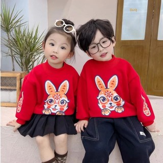 Áo sweater Đỏ Thời Trang Năm Mới 2024 cho bé trai, bé gái - Áo nỉ chui đầu hoạ tiết thỏ size 10 đến 22 kg - SUN KID'S