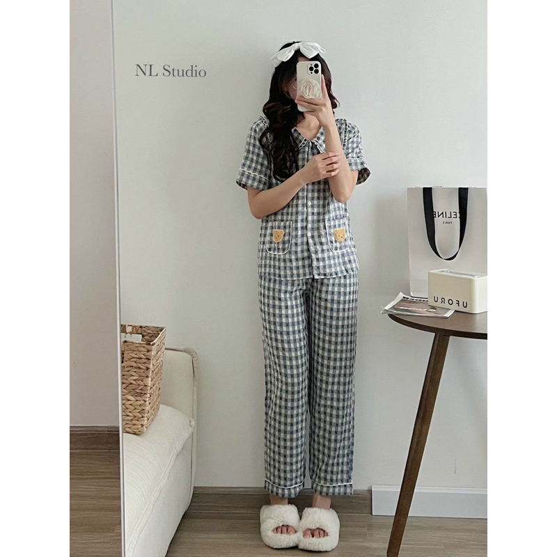 SET ĐỒ BỘ DÀI CON GẤU CỘC TAY KẺ NHUNG SIÊU YÊU