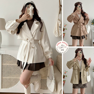 Áo Khoác Mangto hai lớp dáng ngắn croptop dài tay bồng (Măng Tô) Kèm Đai, Áo Khoác Dáng lửng Cổ Vest 2 lớp form rộng