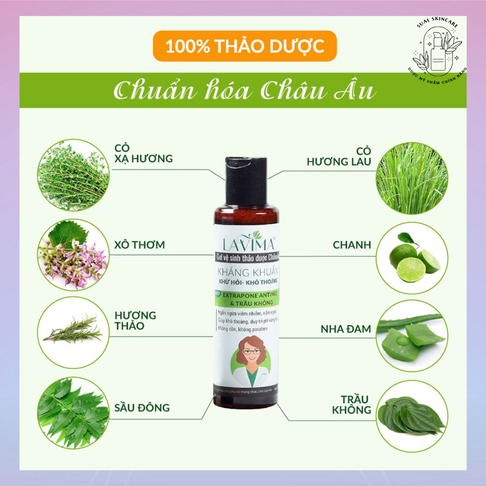 Dung dịch vệ sinh Gel rửa phụ khoa kháng khuẩn Thảo dược Châu Âu LAVIMA