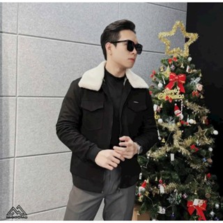 Áo khoác nam da lộn lót lông cổ lông cao cấp