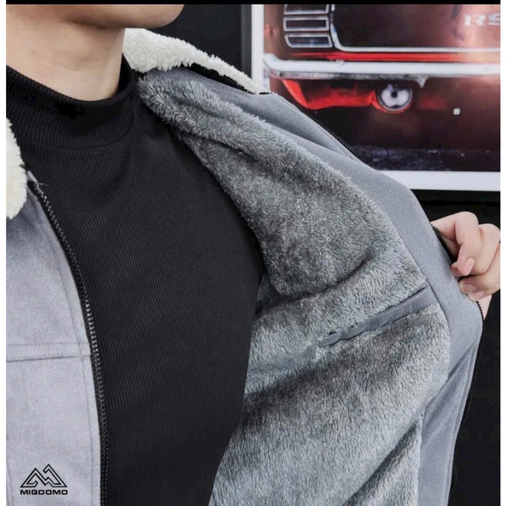 Áo khoác nam da lộn lót lông cổ lông cao cấp