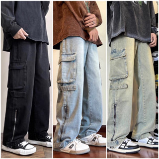 Quần jean túi hộp nam ống suông PHỐI KHOÁ KÉO - Quần jean kaki túi hộp Cargo pant ống suông rộng nam Jaystoree2