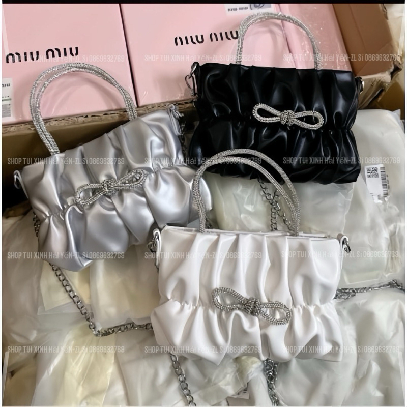 túi đeo chéo, túi cầm tay quai đá thân nhún phối nơ đá xinh sắn kiểu dáng cute dễ thương sang chảnh