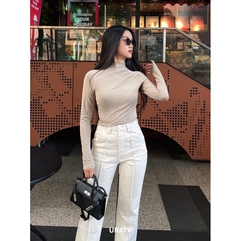 Quần jeans loe gân giữa PB lưng cao không co giãn