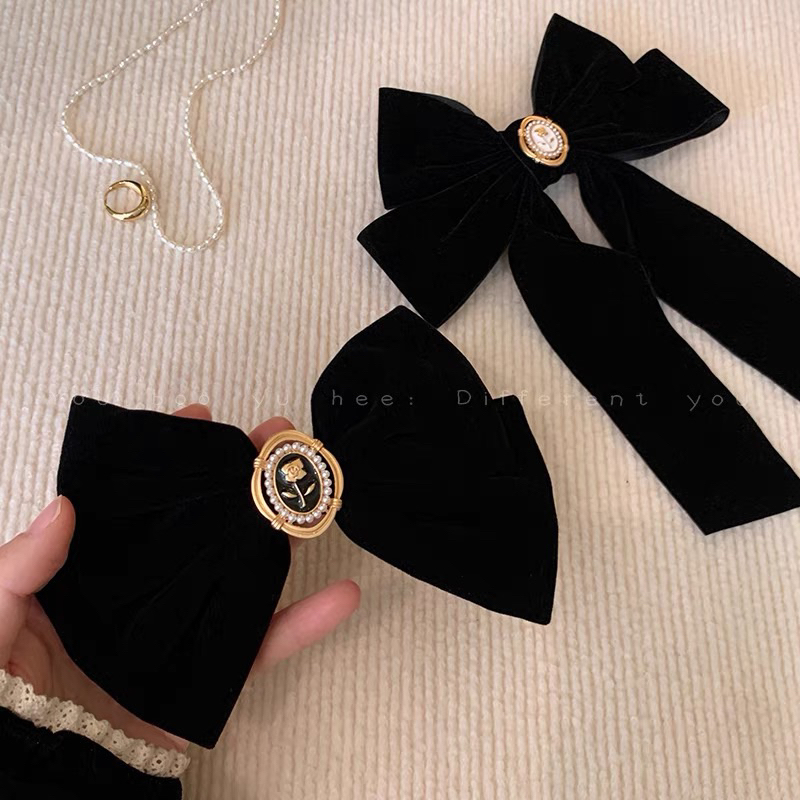 Nơ kẹp tóc vải nhung đính charm bông hoa vintage N83