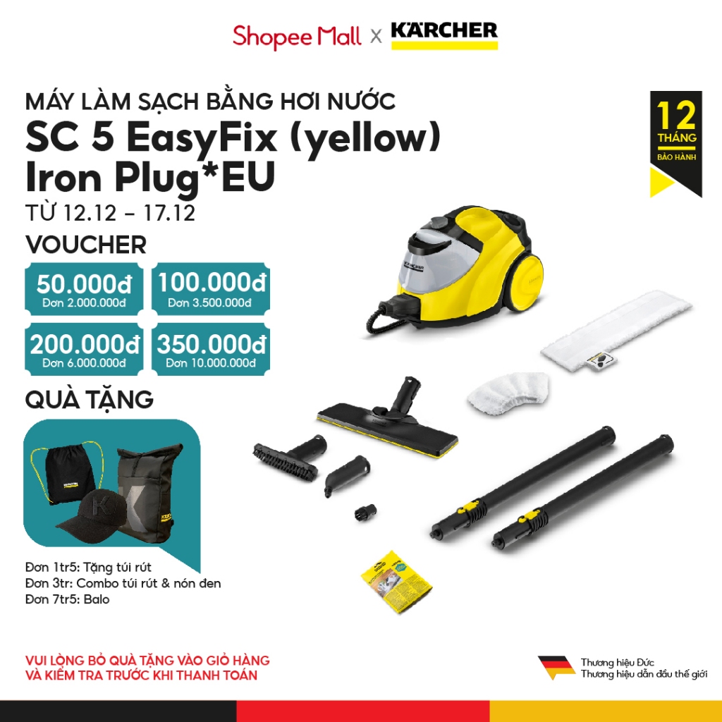 (Sản xuất Đức) Máy làm sạch bằng hơi nước Karcher SC 5 Easyfix EU công suất nhiệt 2200w với hiệu quả làm sạch 150 m2