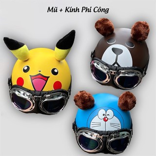 Mũ bảo hiểm nón bảo hiểm hali tai thú kèm kính phi công