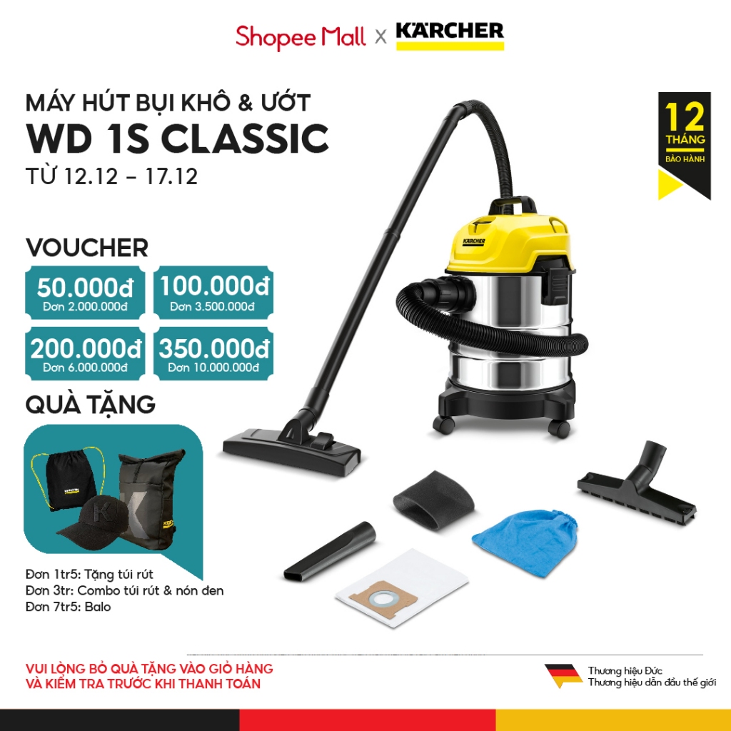 Máy hút bụi đa năng khô và ướt Karcher WD 1s Classic (New 2023)