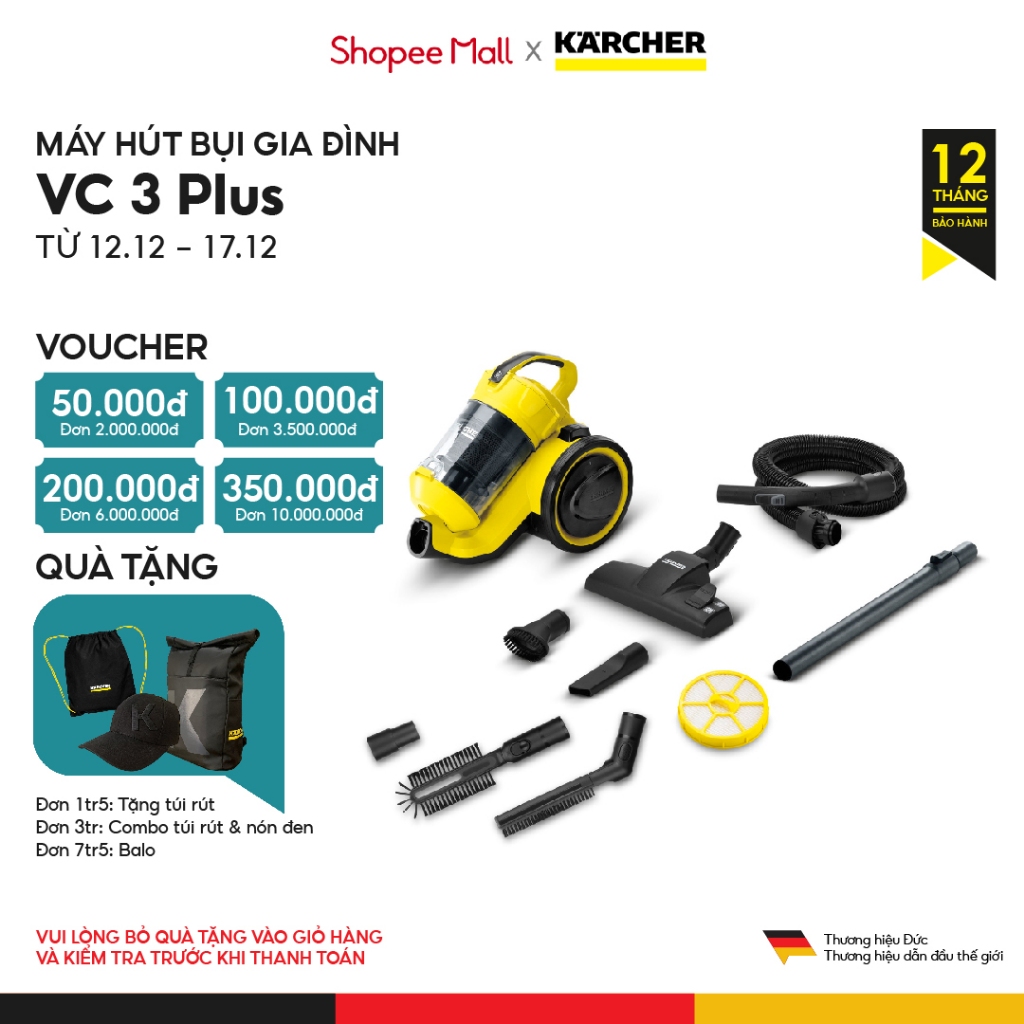Máy hút bụi khô không dùng túi lọc bụi Karcher VC 3 Plus công suất 1100w màu vàng - bảo hành 18 tháng